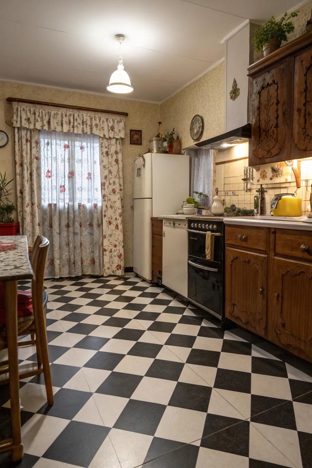 A kitchen improved by a classic checkerboard painted floor, showing tradition and charm.