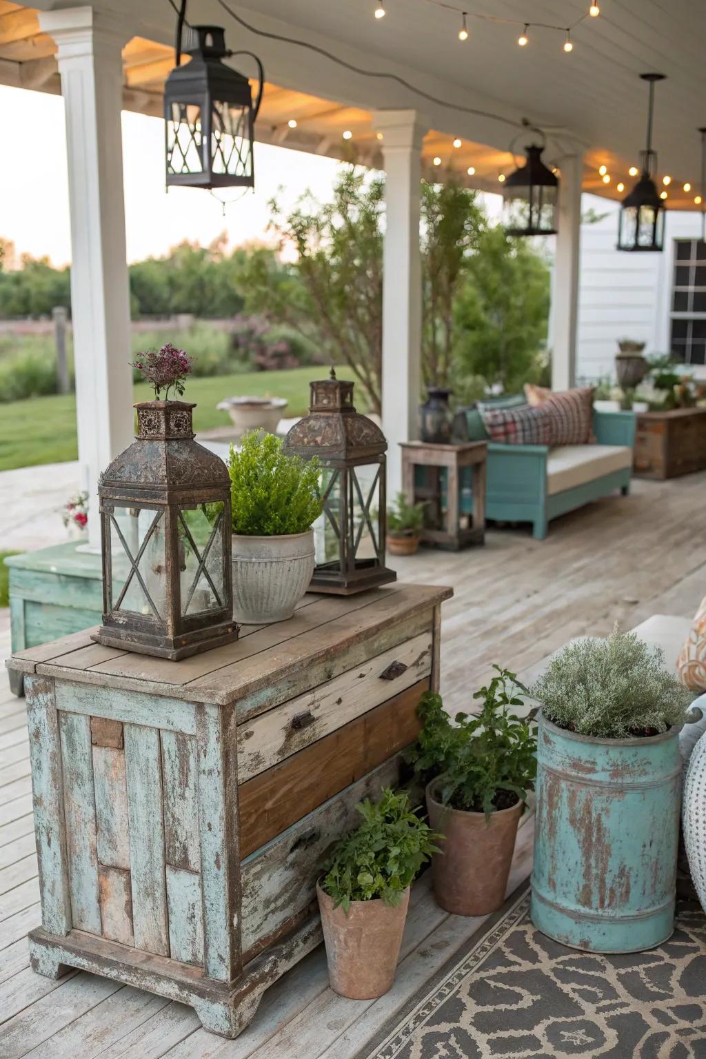 Distressed finishes add rustic charm to any patio.