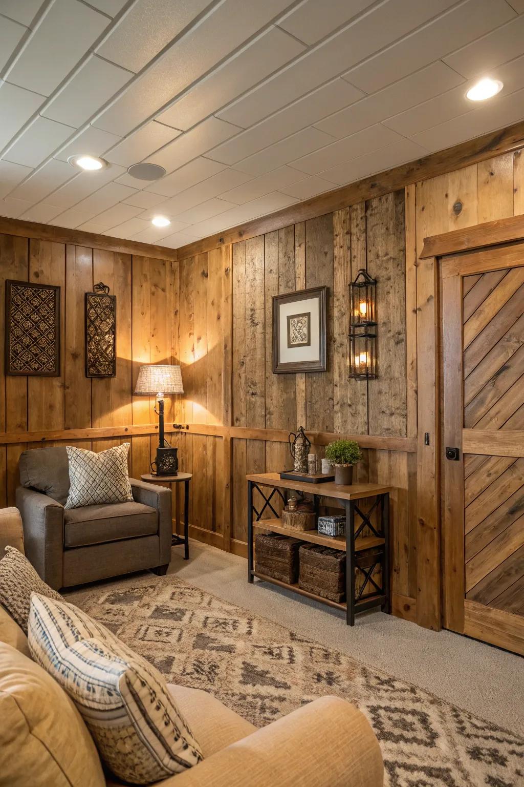 Area featuring reclaimed wood panels for rustic appeal.