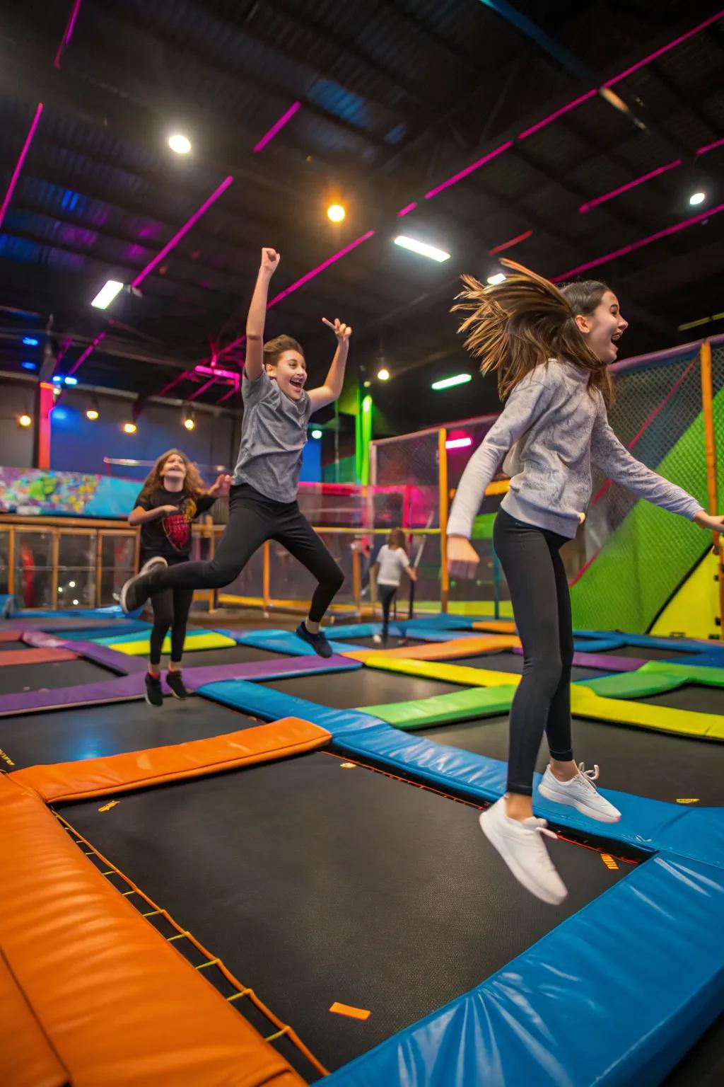 Teenagers appreciating an action-filled outing at a trampoline destination.
