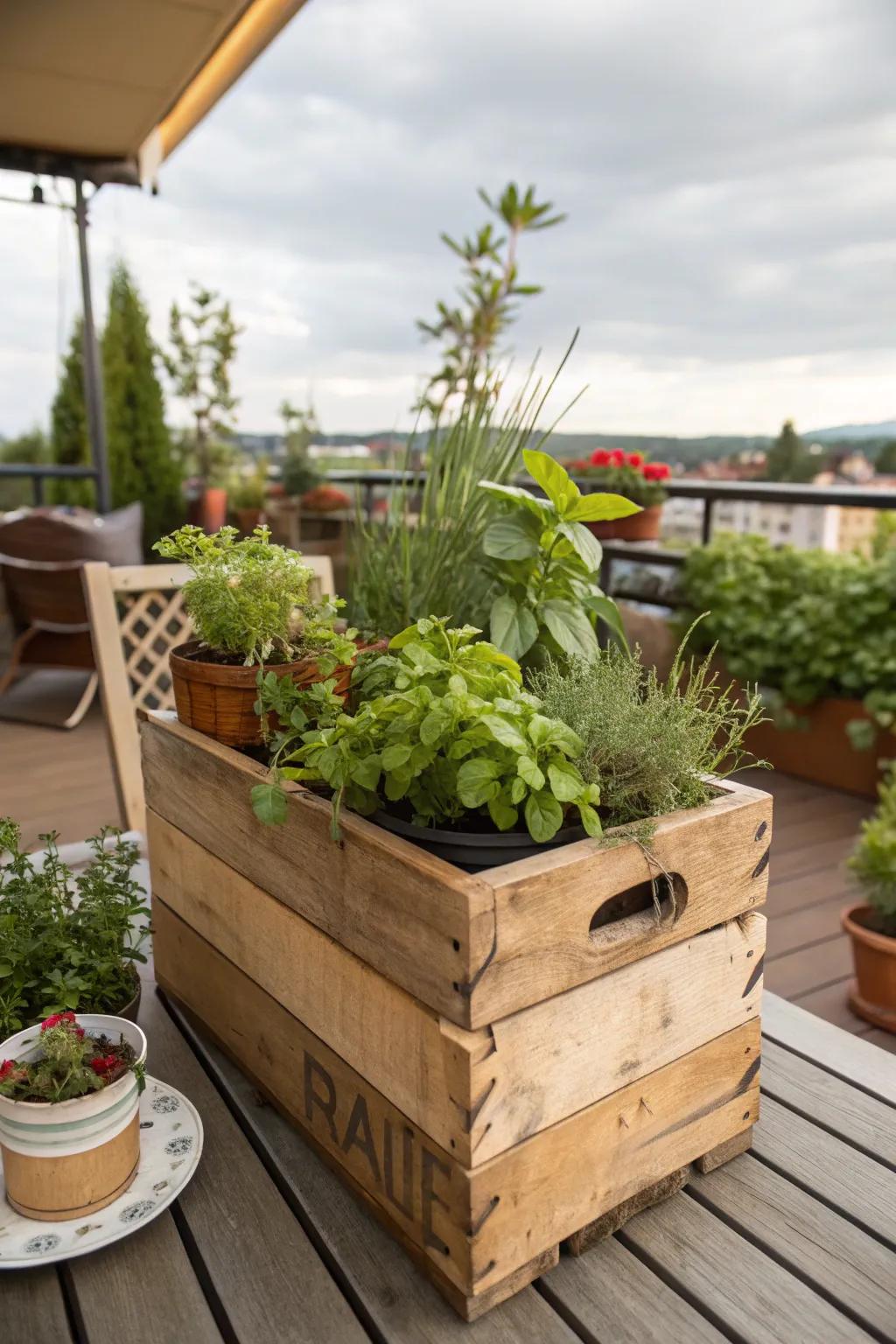 Wine box herb garden with vintage charm.
