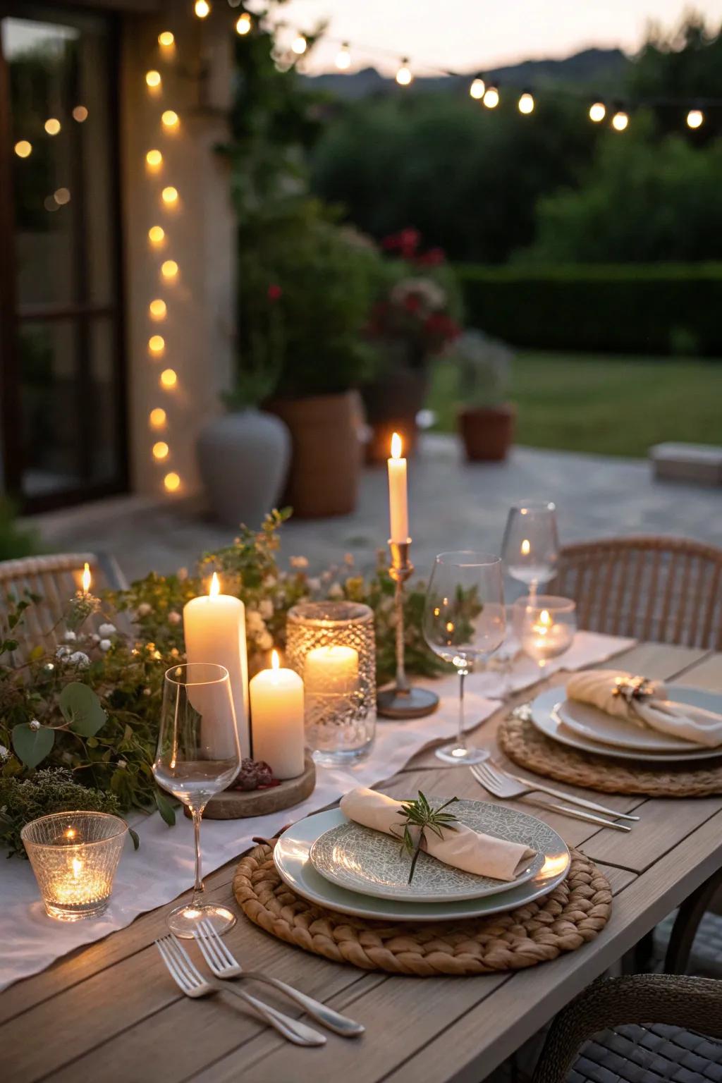 Candles introduce a romantic and calm glow to personal patio meet-ups.