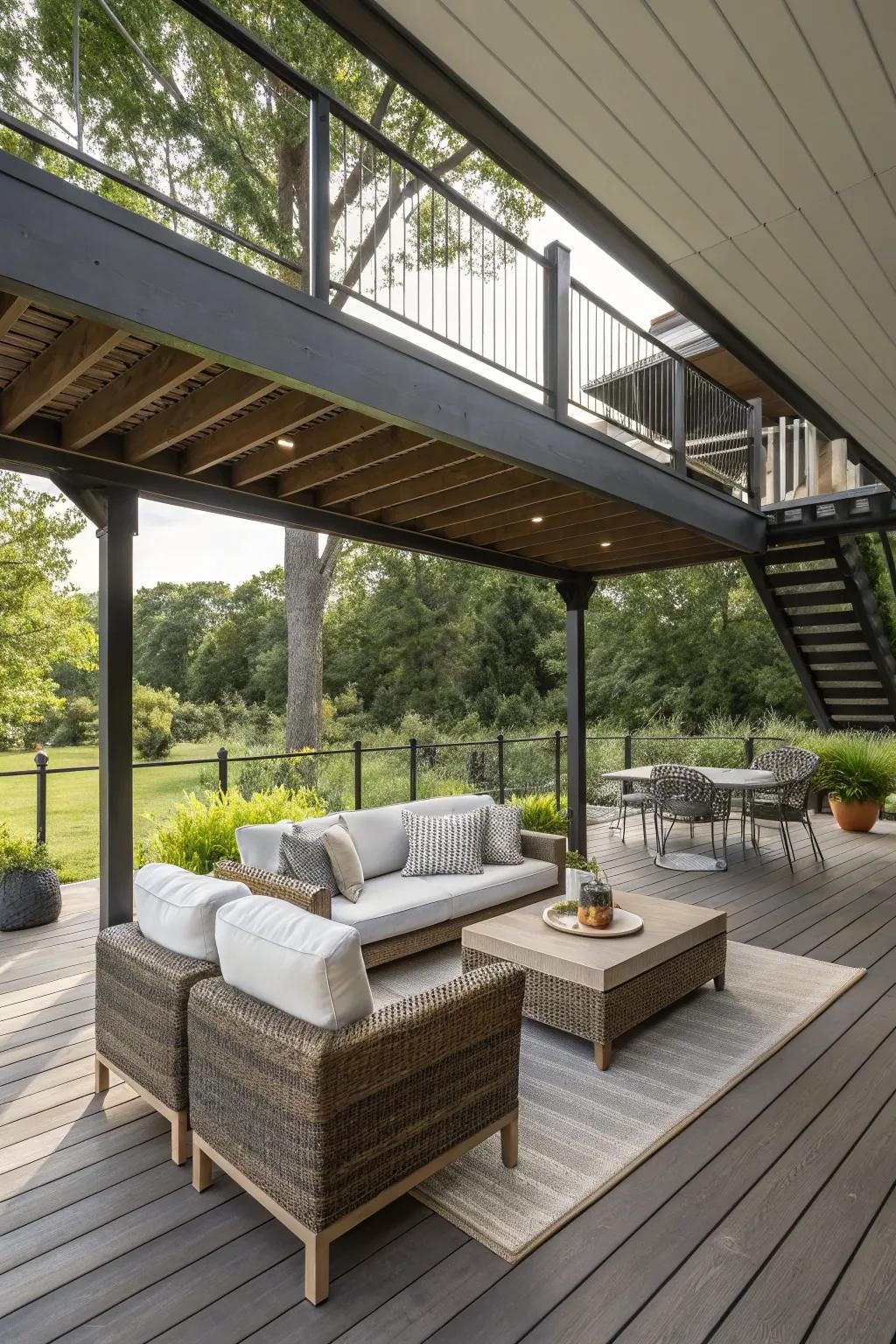 Underdeck areas offer cool, natural shade and extra living space.
