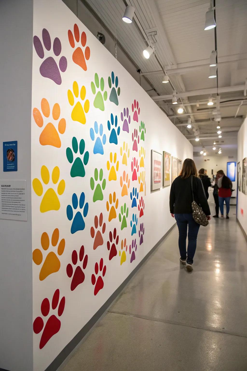 Modern art wall painting with colorful pet paw prints.