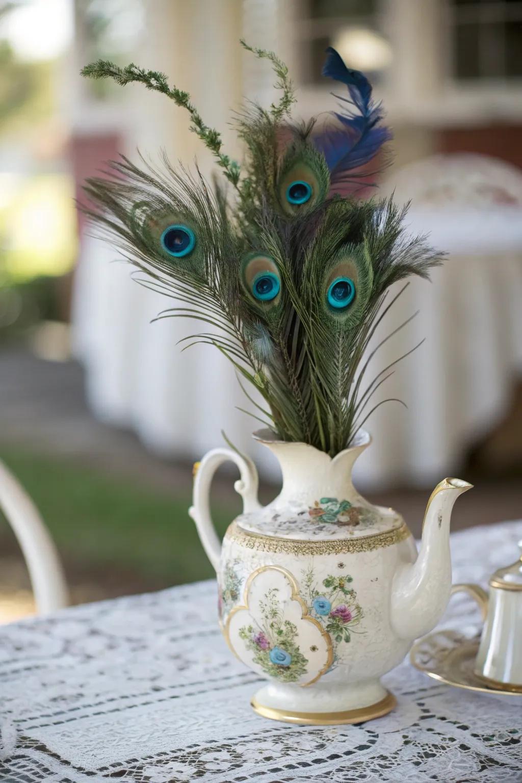 Sentimental elegance featuring a classic teapot and peacock plumes.