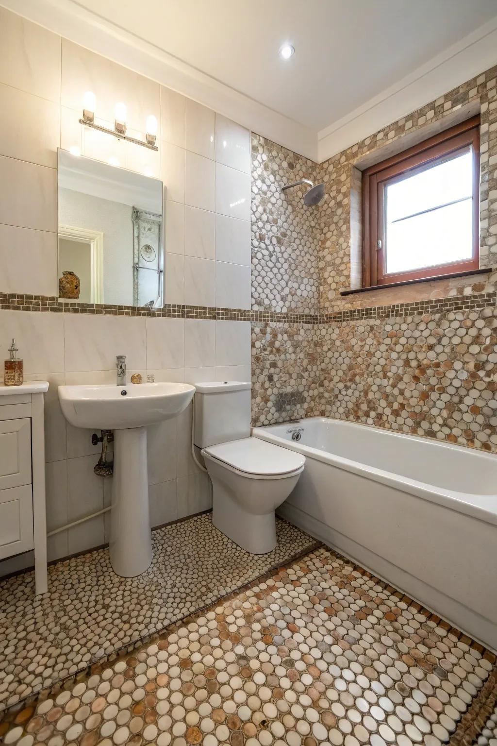 Decorative accents with penny tiles add character and charm.