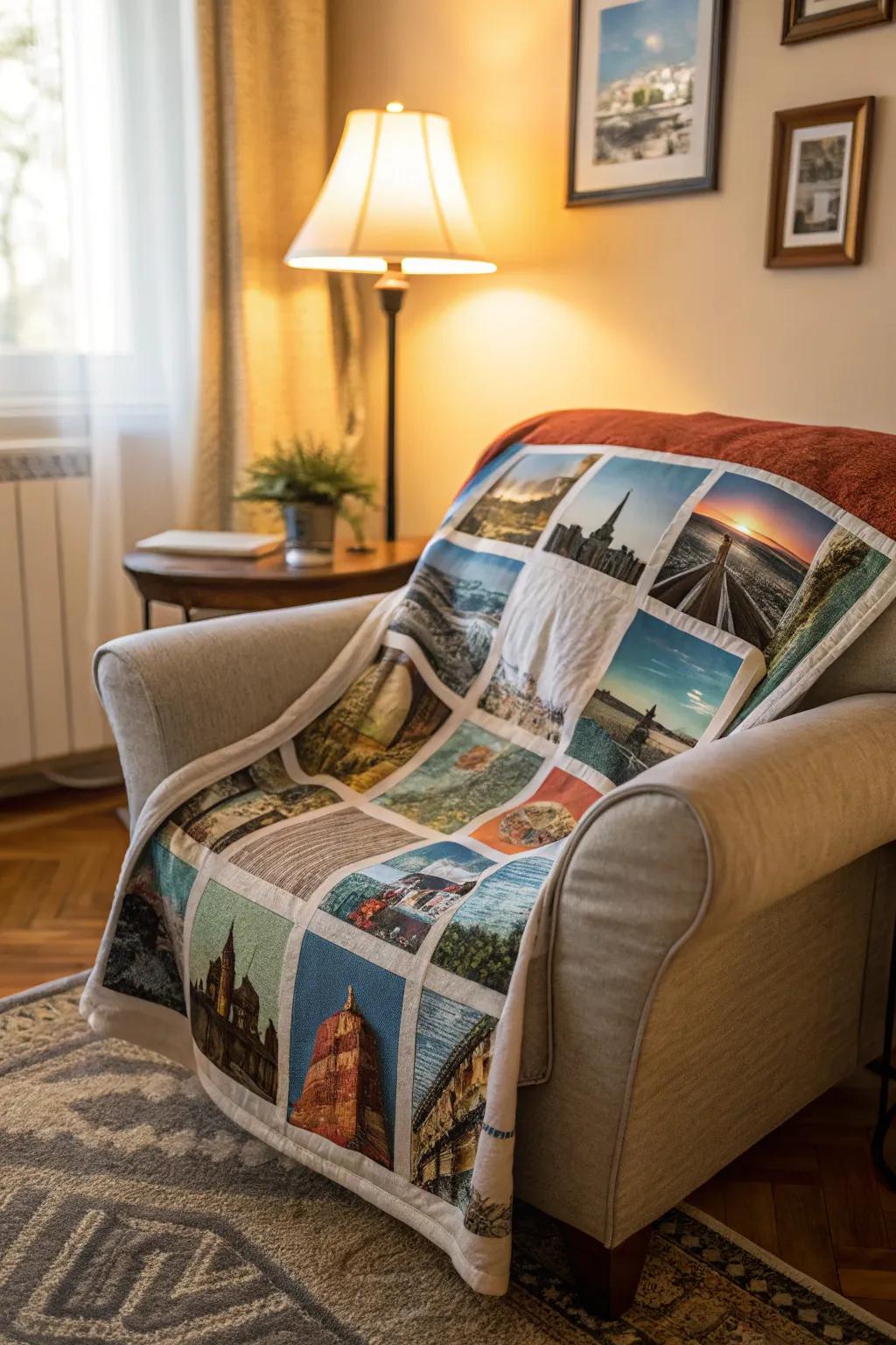 A throw featuring various travel photos, perfect for reminiscing about your adventures.