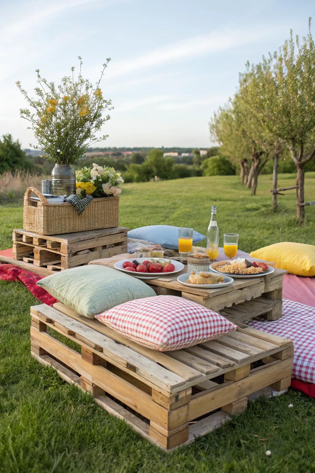 Pallets introduce a distinctive, rustic element to picnic seating.