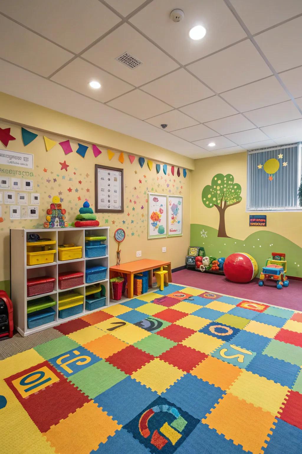 Patterned piles inject fun and function into activity rooms.