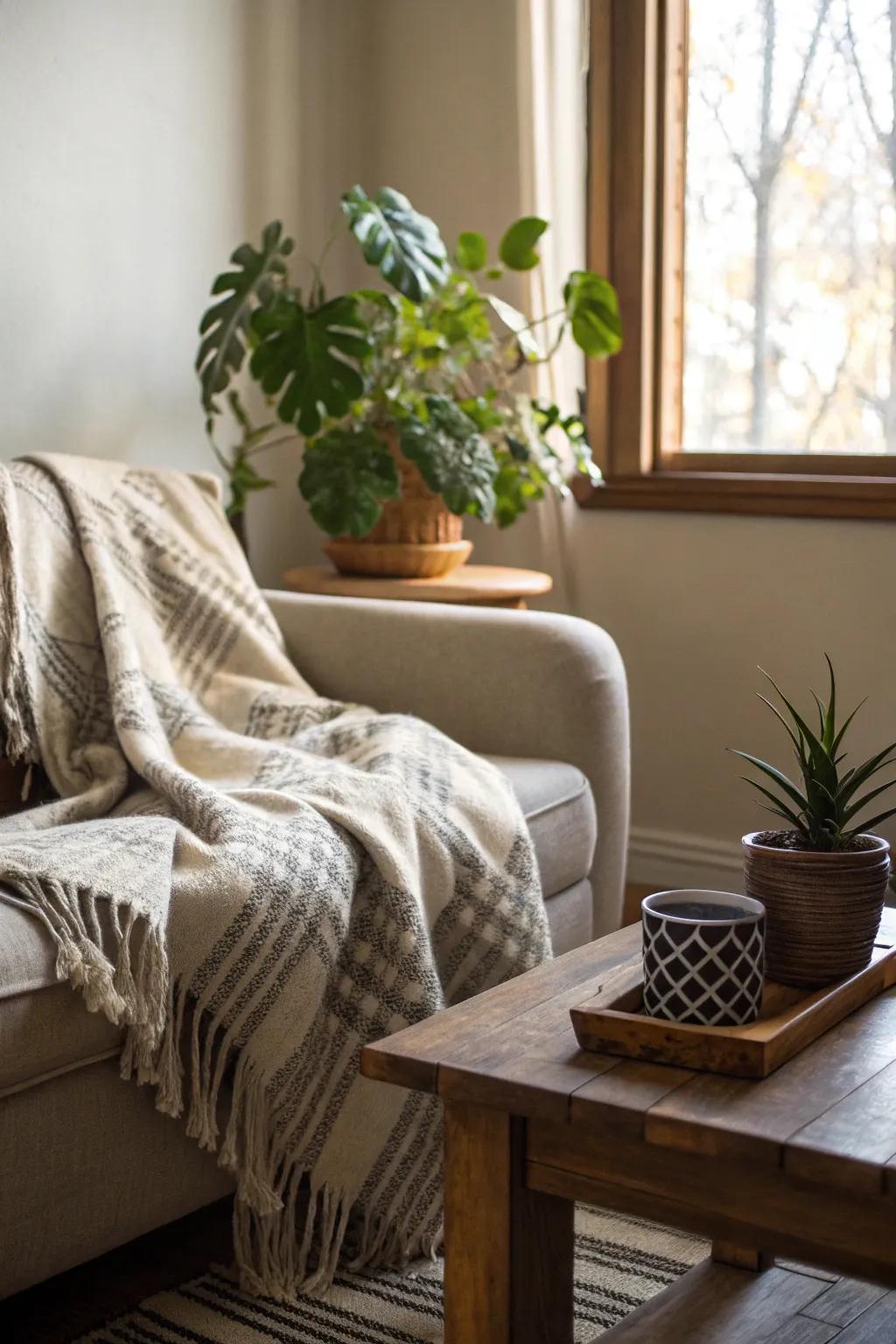 A couch cover highlighted with organic elements like a potted plant and wood decor.
