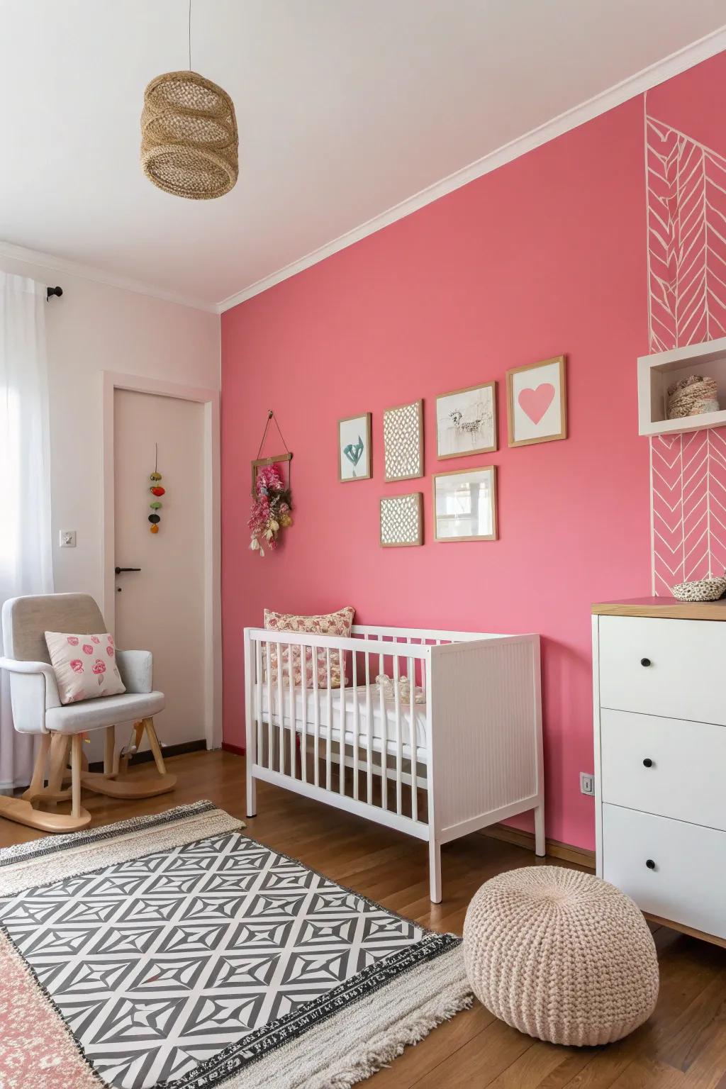 A minimalist nursery where a bold pink wall makes a statement.