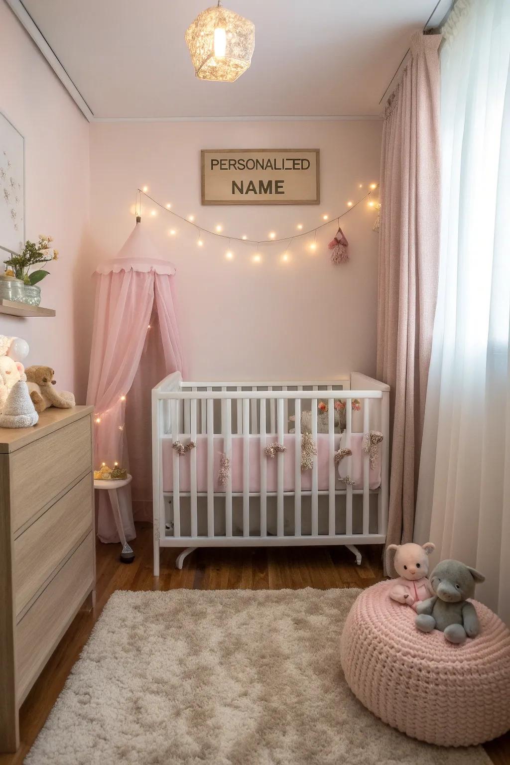A personalized name indication contributes a distinctive feature to the nursery.