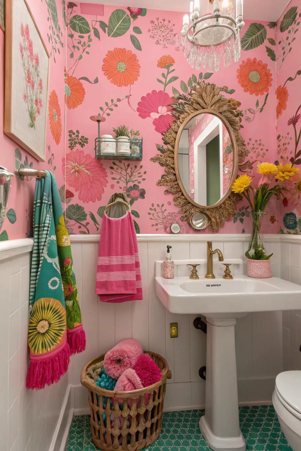 Rose wallcovering adds a bold statement.