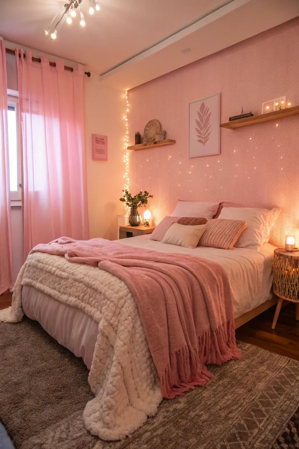 Rose lighting casts a gentle glow, improving the comfortable atmosphere of this bedroom.