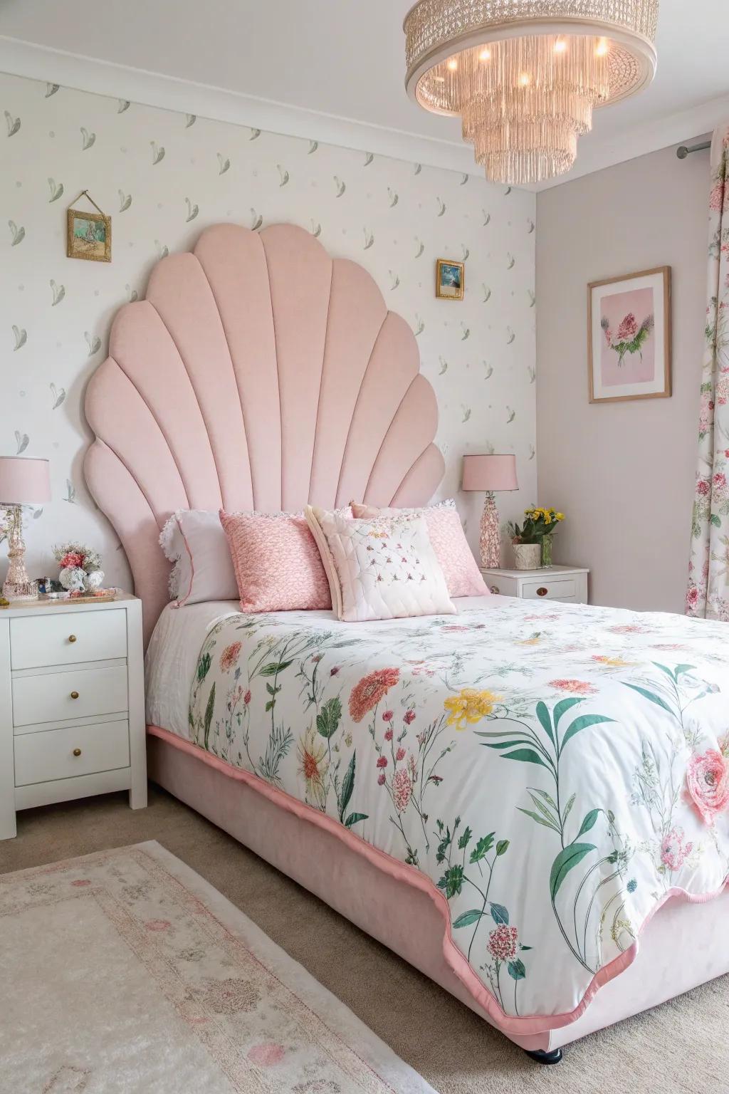 A playful and whimsical bedroom featuring a scalloped pink headboard.