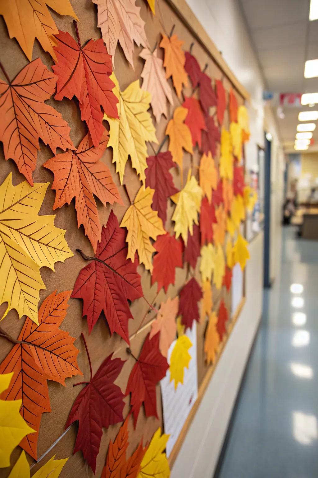 A dynamic fall bulletin board with layered 3D leaf elements.