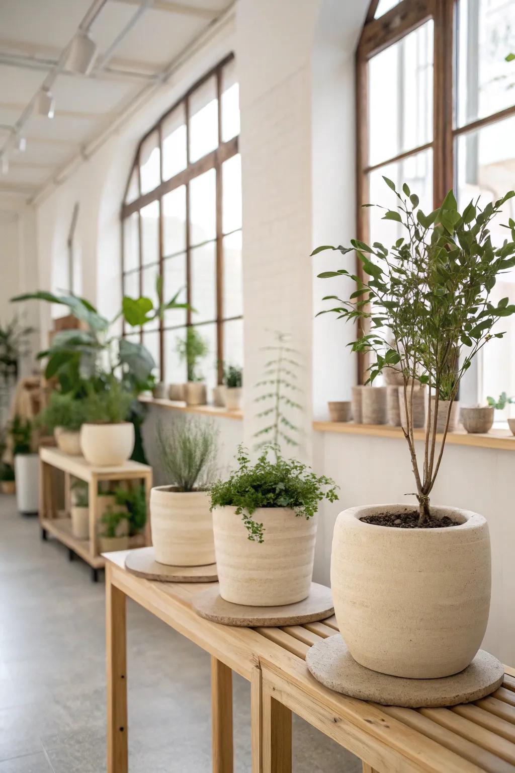 Achieve a light, airy feel with bright plant arrangements.
