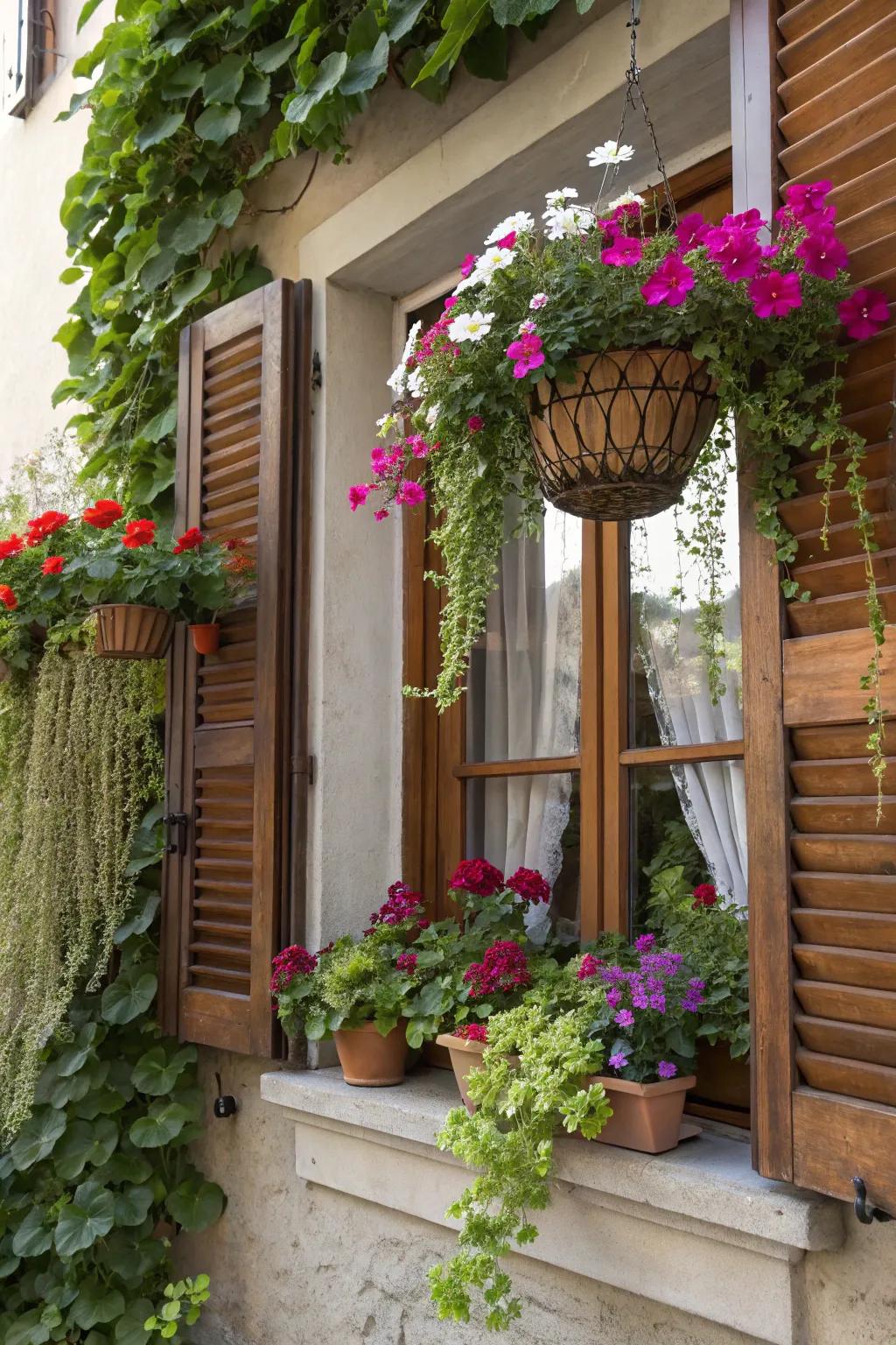 Give a lift to your area by installing hanging baskets.