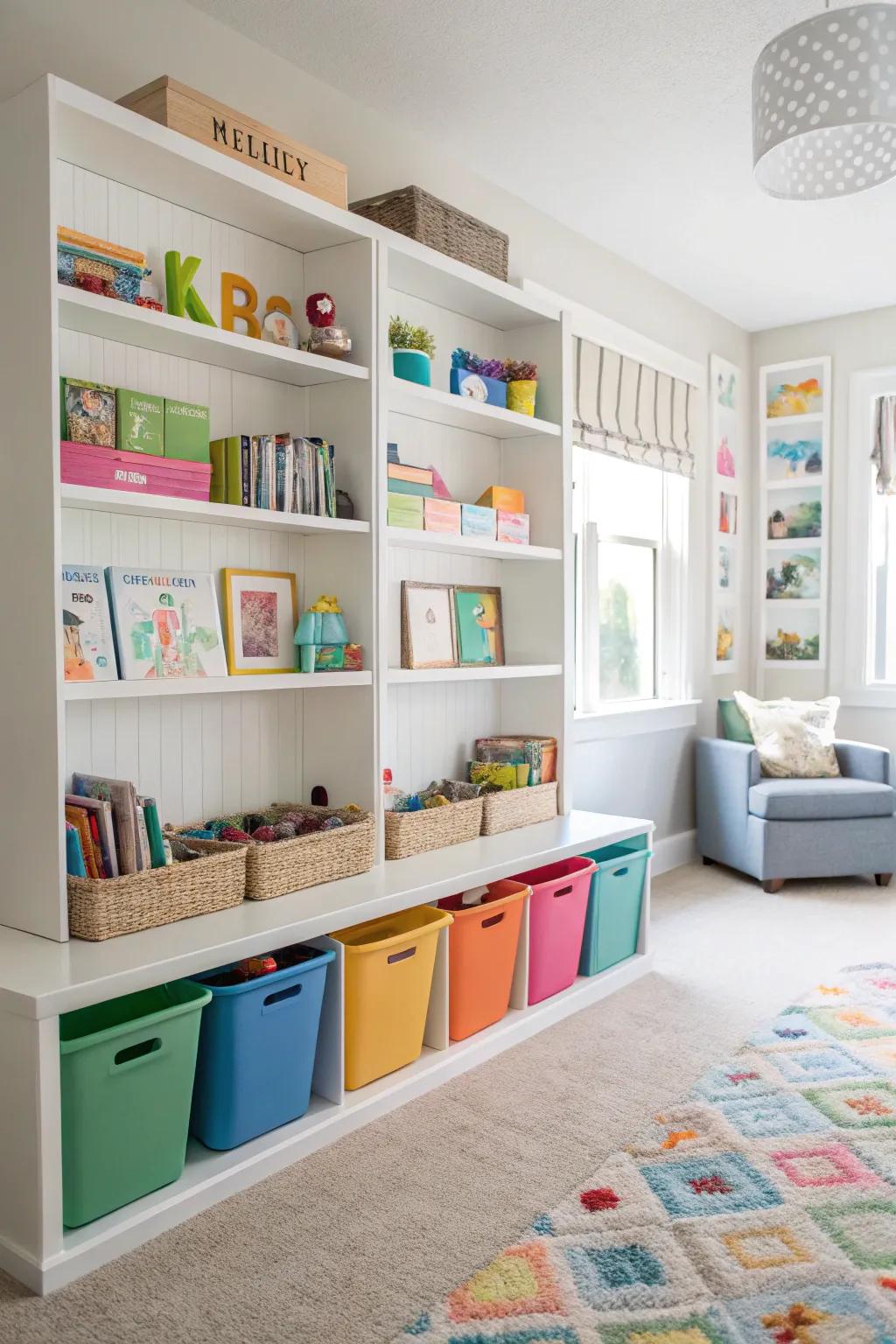 Imaginative storage options ensure rooms remain tidy and organized.