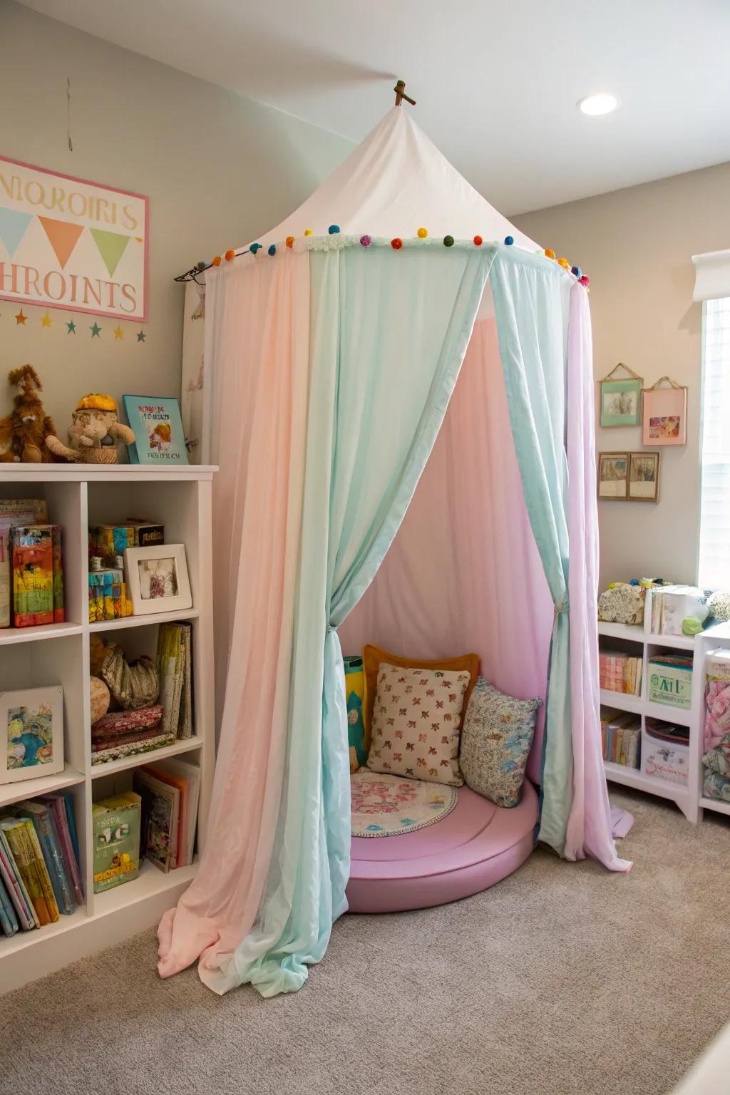 Canopy-style drapes bring a fairy-tale sensation to the playroom.