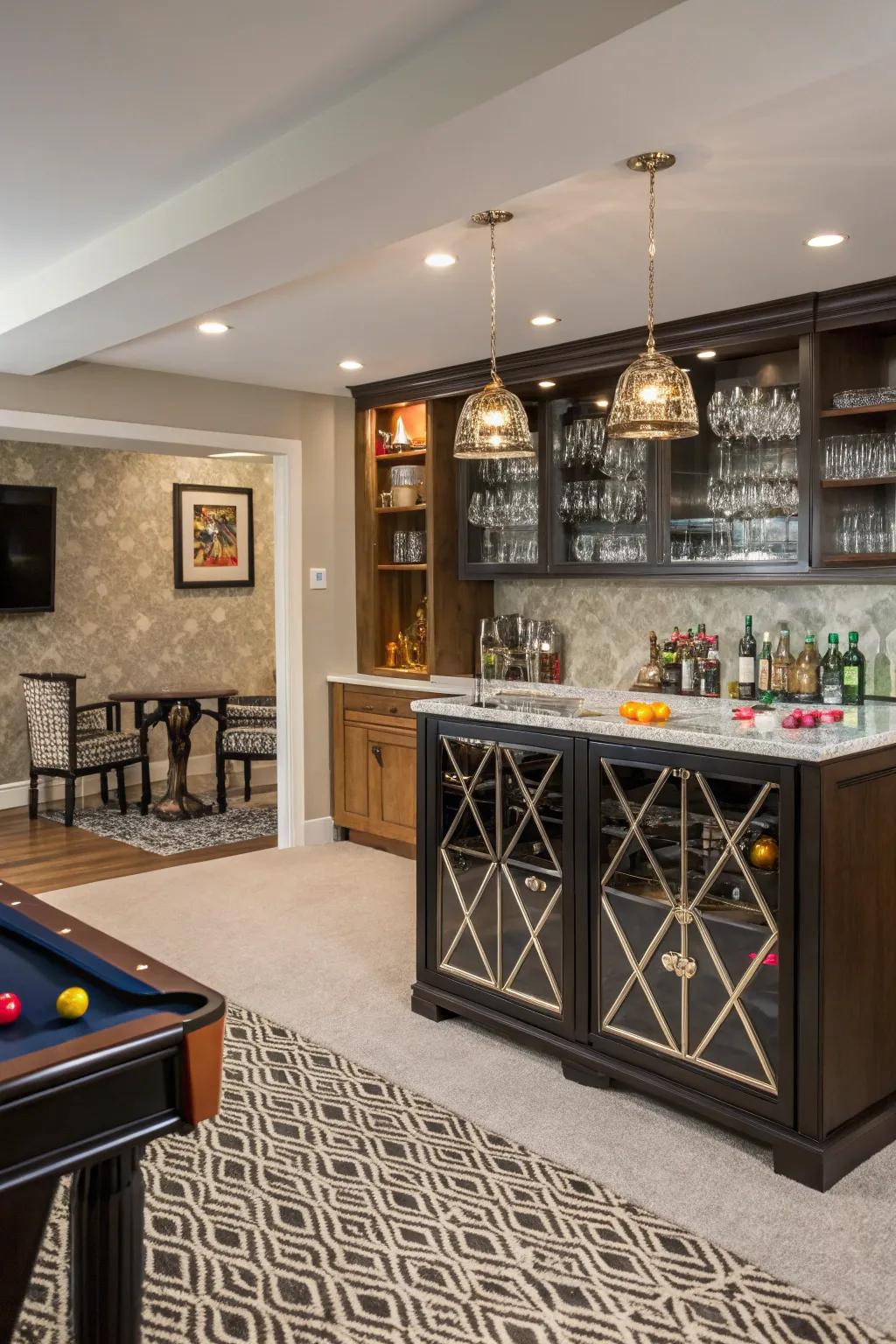 A sophisticated playroom showcasing a bar area.