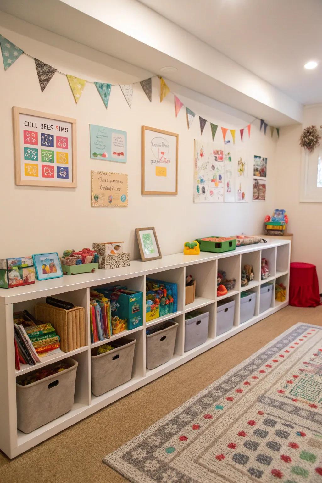 Low storage units in a playroom, engineered for simple access by children.