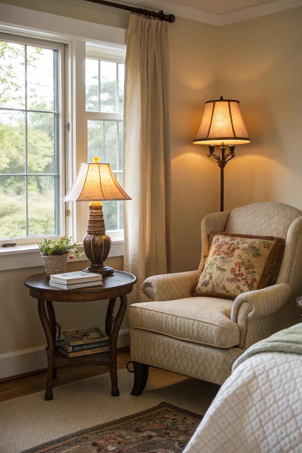 A reading nook adds a personal retreat to a luxurious bedroom.