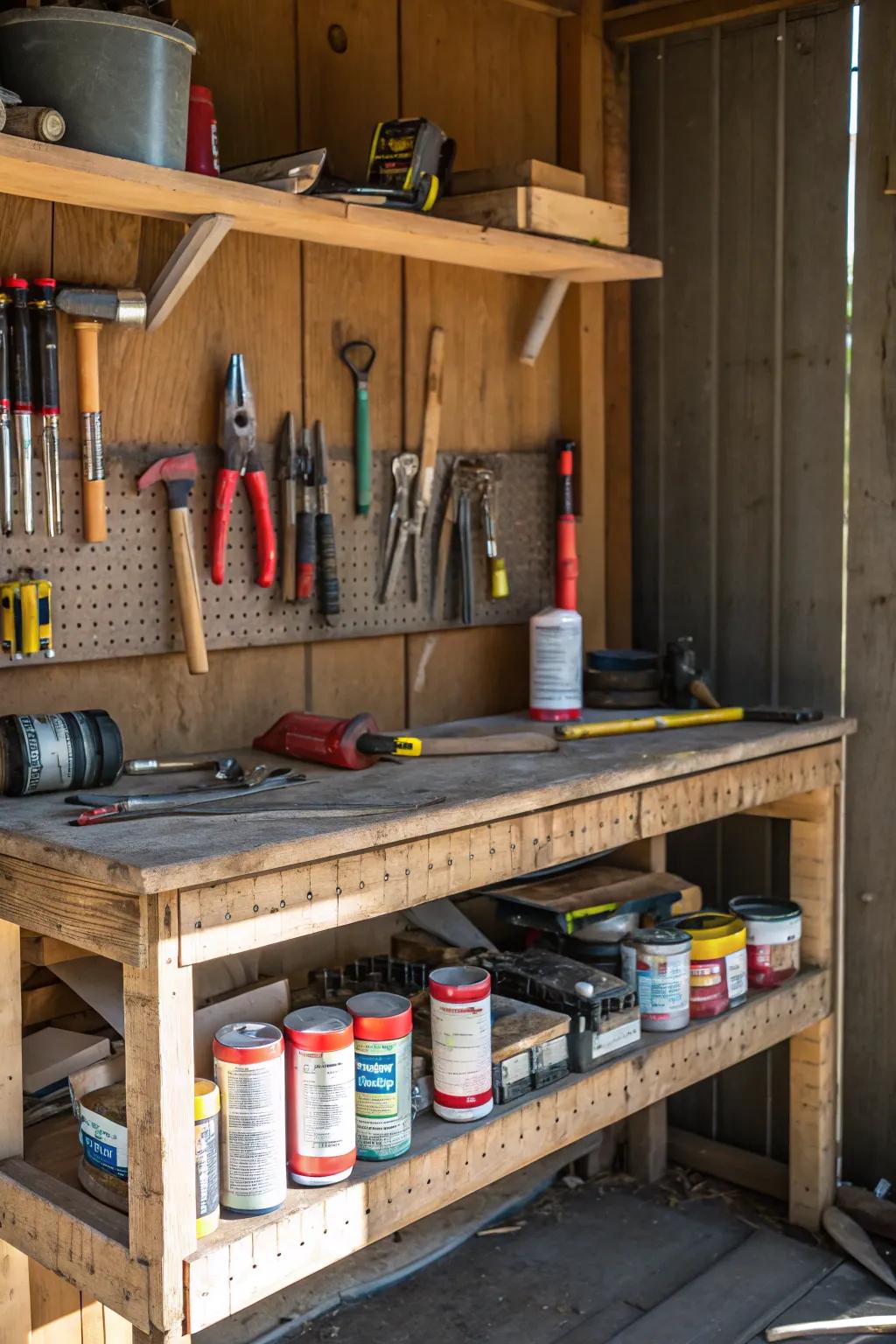 A workbench with built-in storage maximizes functionality.
