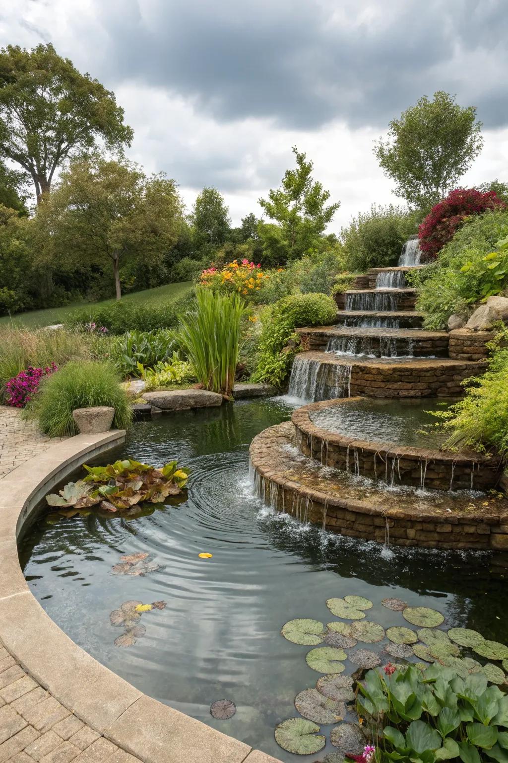 A terraced pond adds depth and interest to the garden.