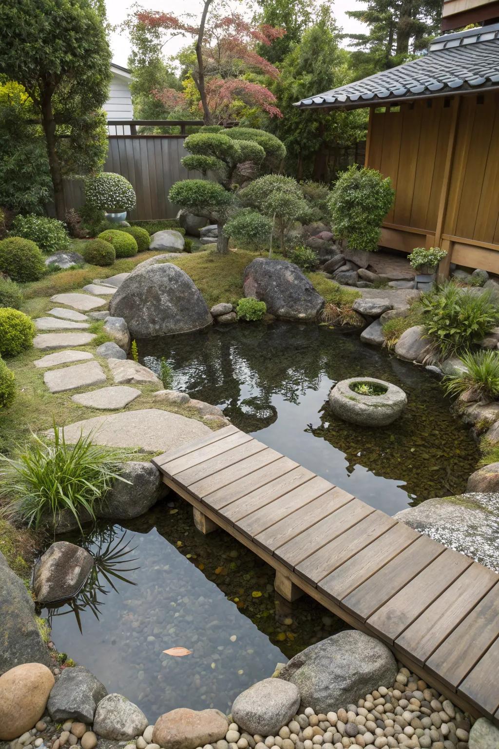 A serene zen basin pond in a backyard environment.