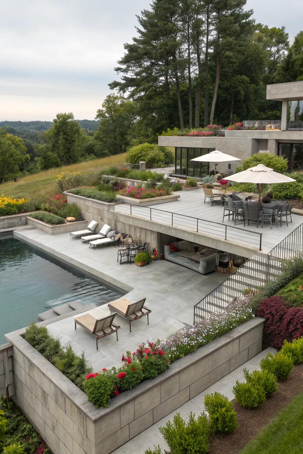 Multi-level decking creates dynamic spaces for relaxation and entertainment.