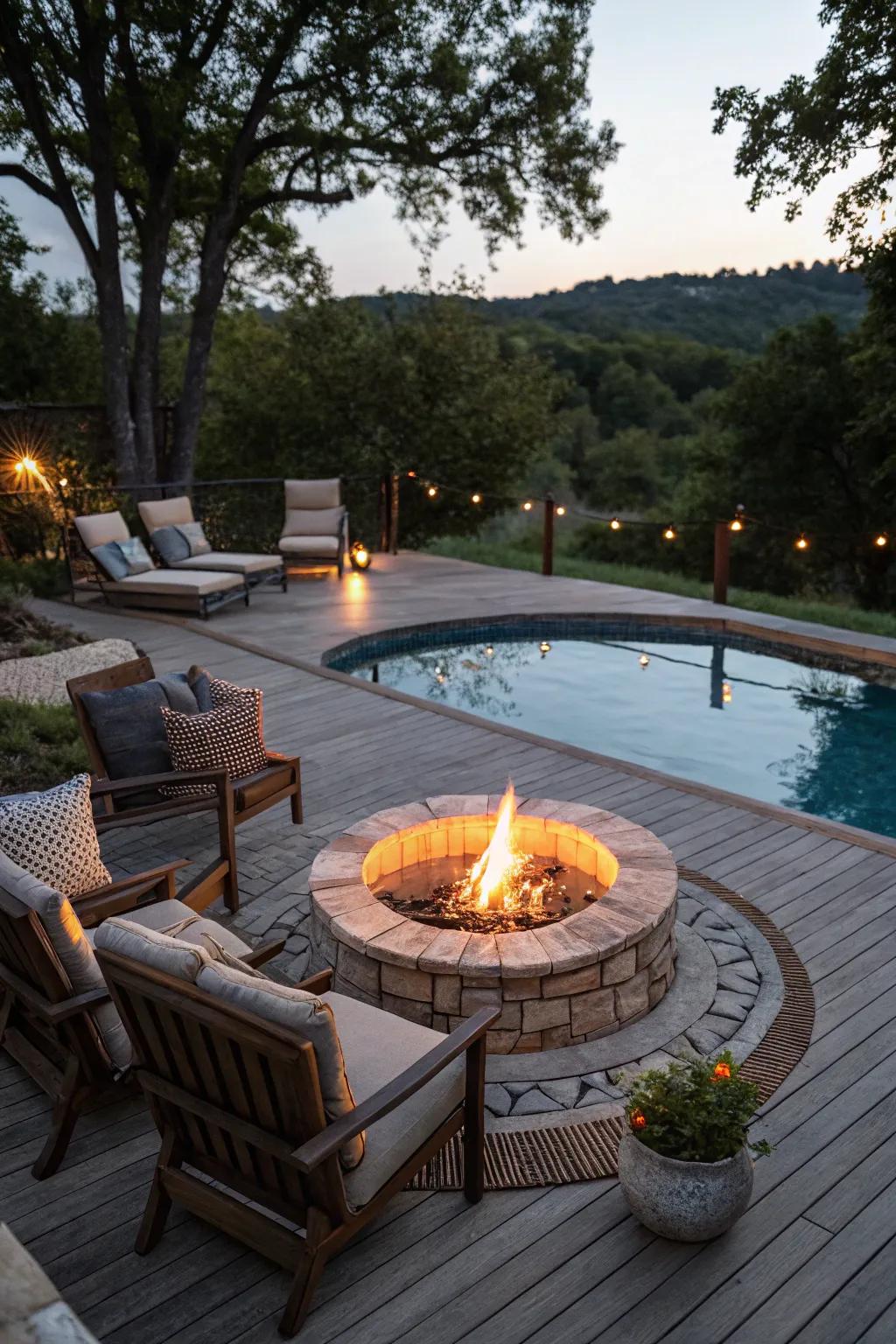 A cozy and inviting fire pit feature on the pool deck.