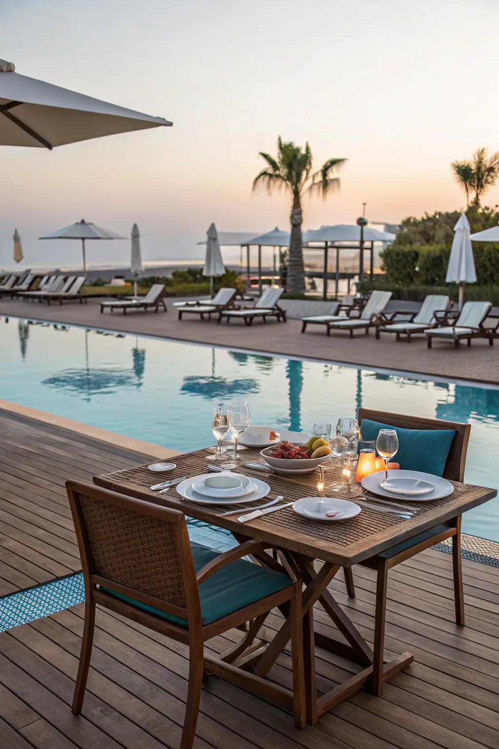 Enjoy al fresco dining with a poolside dining setup.