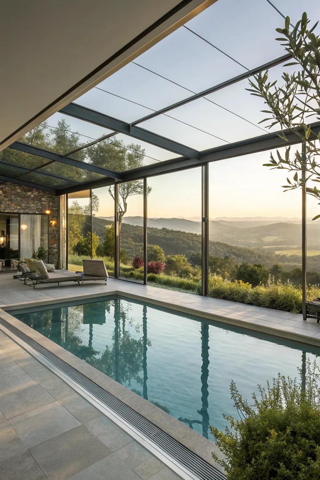A striking glass-encased pool house displaying panoramic views.