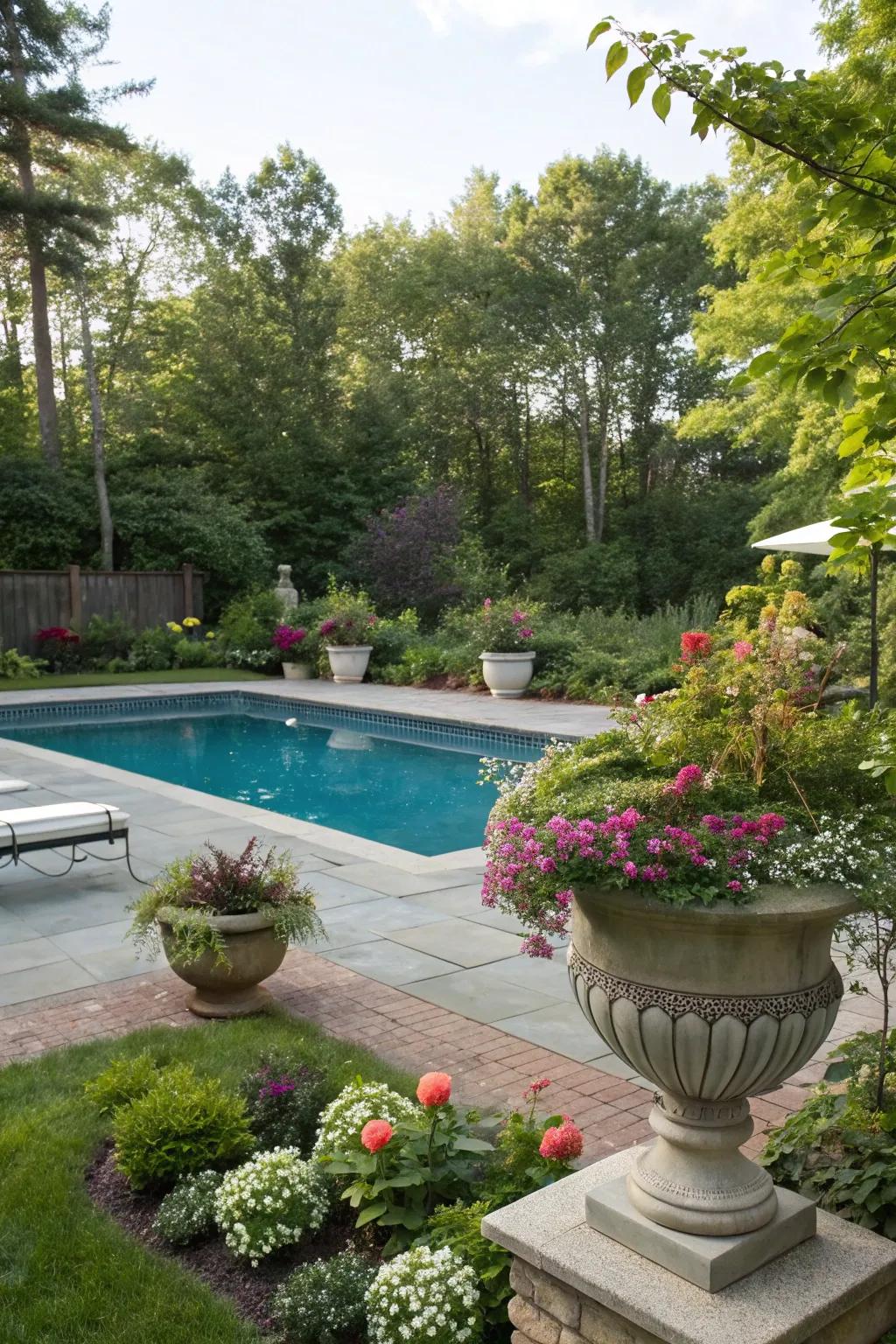 A vibrant pool area enhanced with lush greenery.