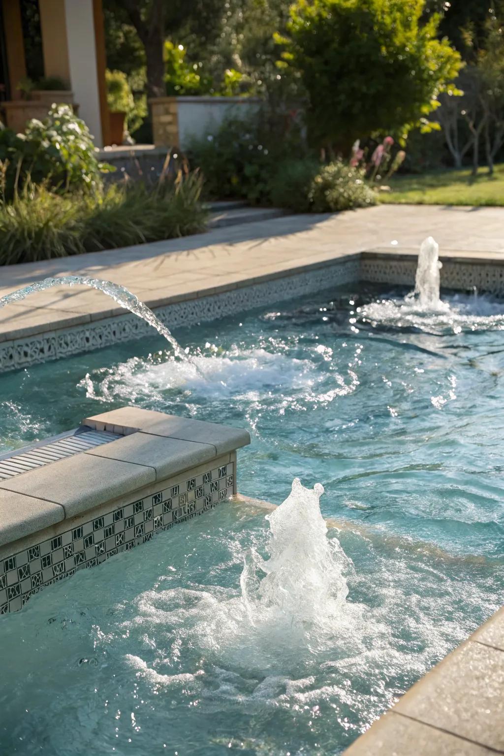 A pool with bubbly water elements creating a whimsical impression.