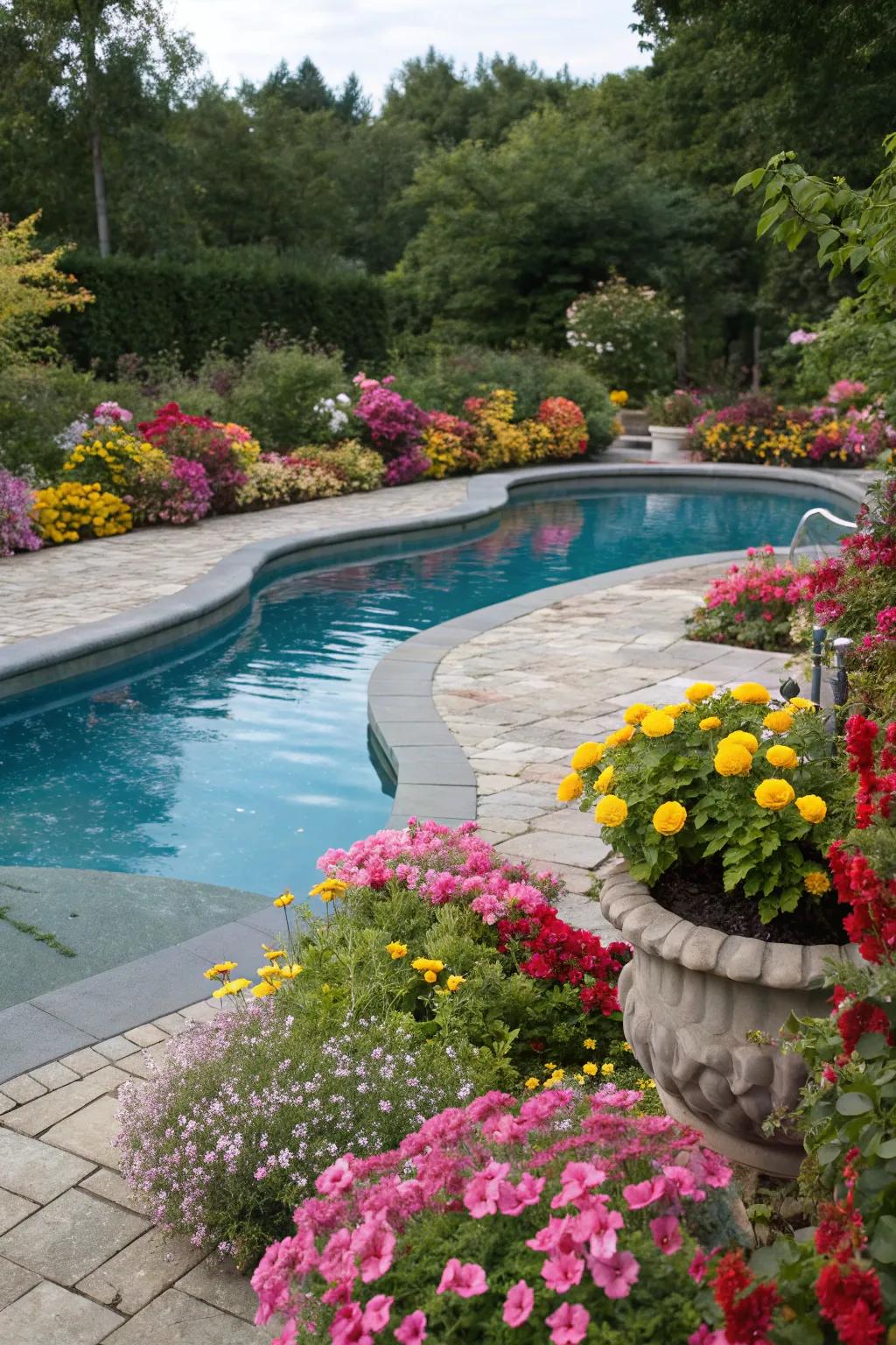 Lively floral borders bring vibrancy and energy to your poolside.