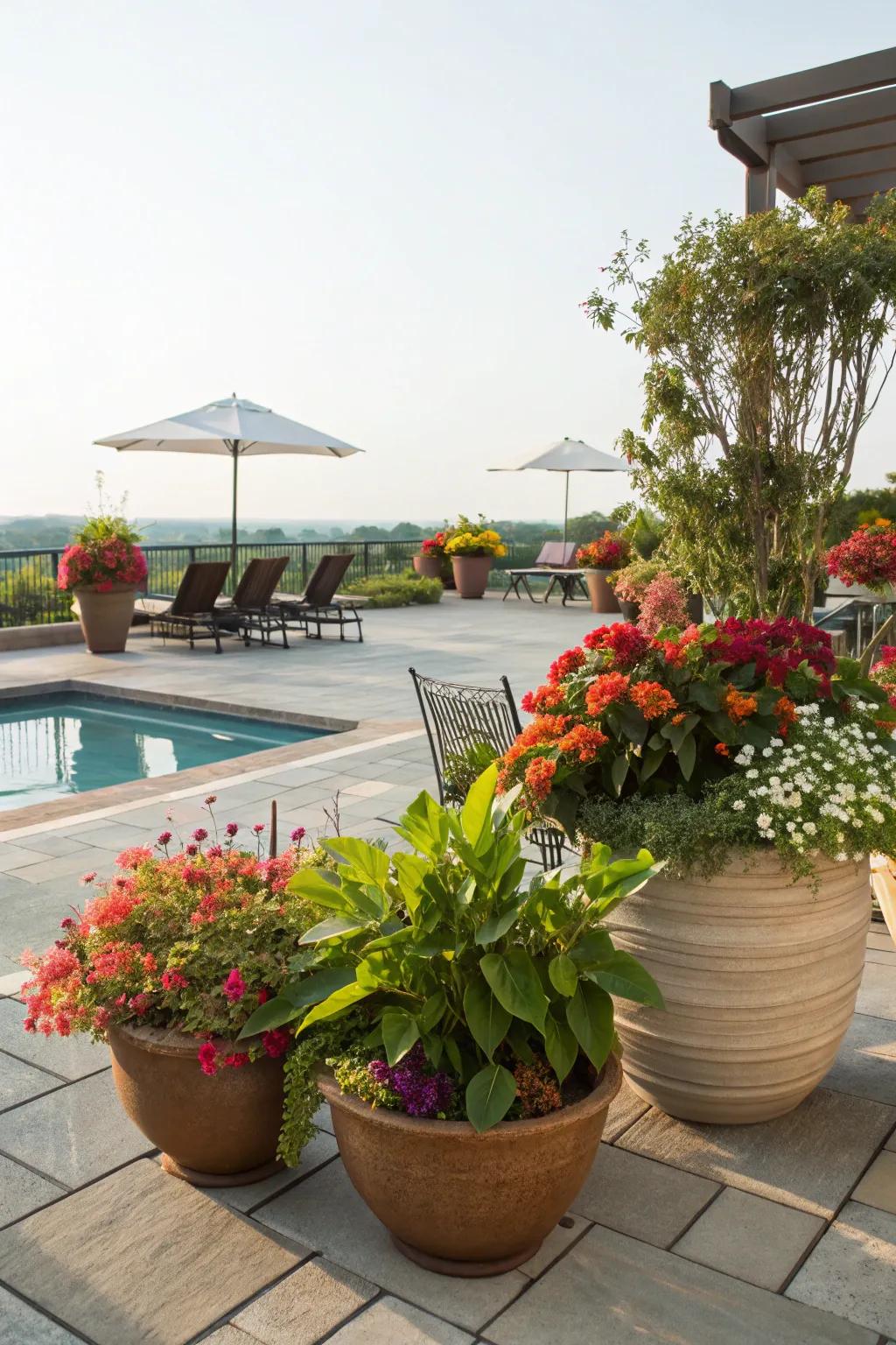 Fill your patio with a series of planted containers.