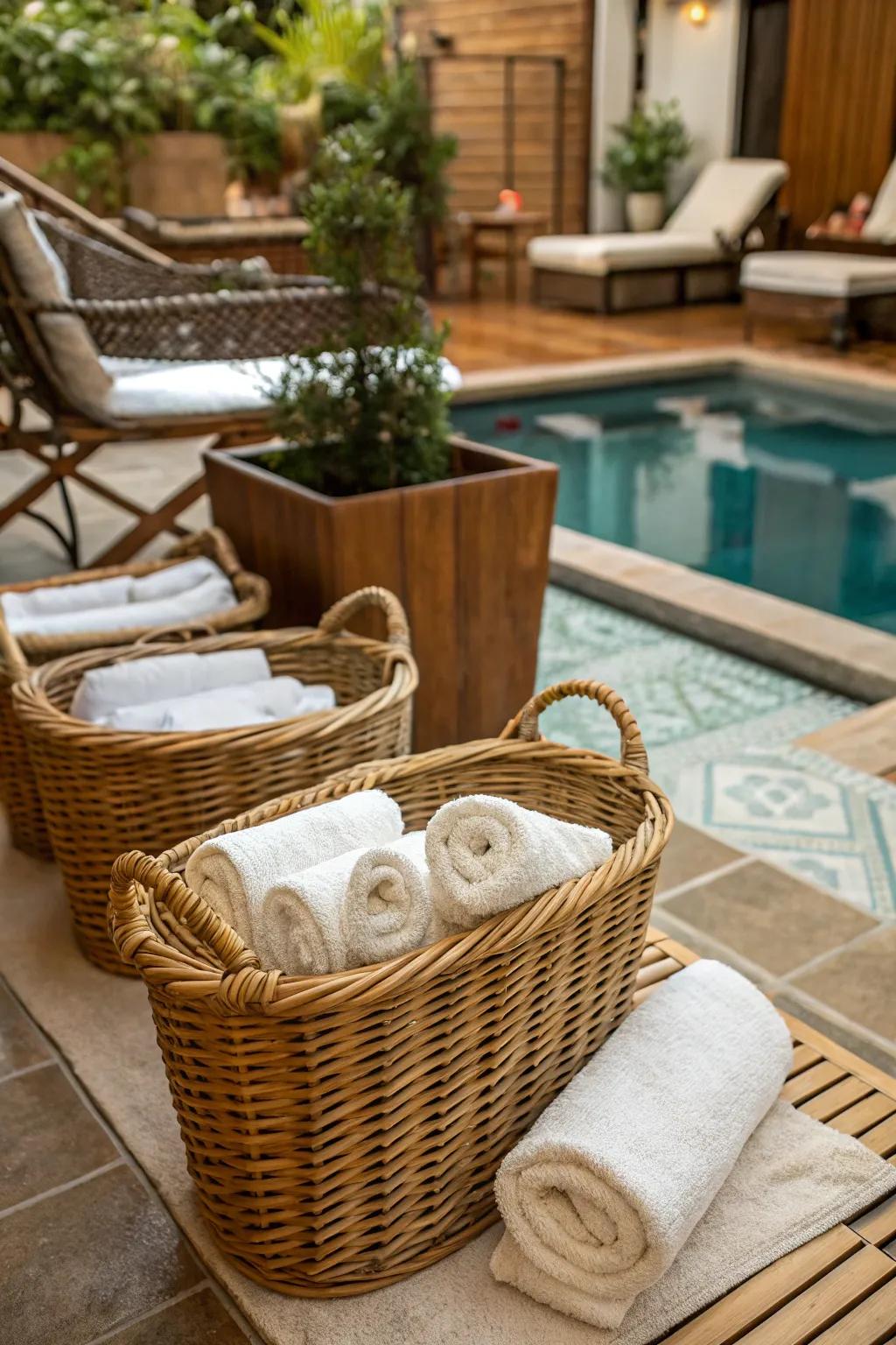 Charming wicker baskets for holding pool towels.
