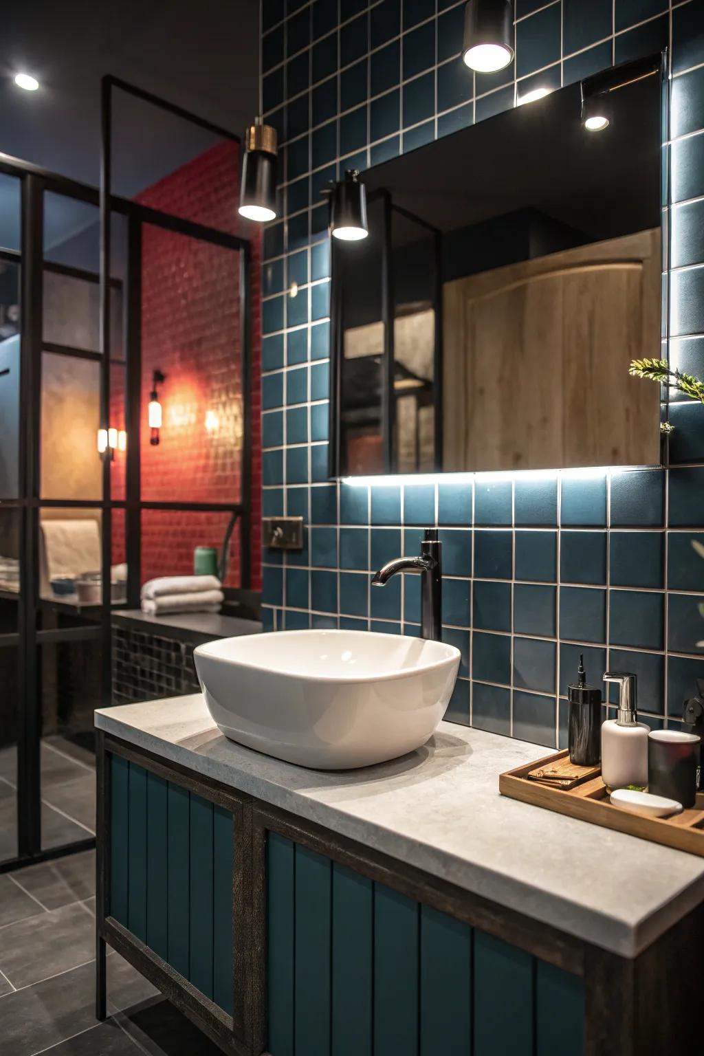 A bold accent wall adds drama and personality to this stylish bathroom.