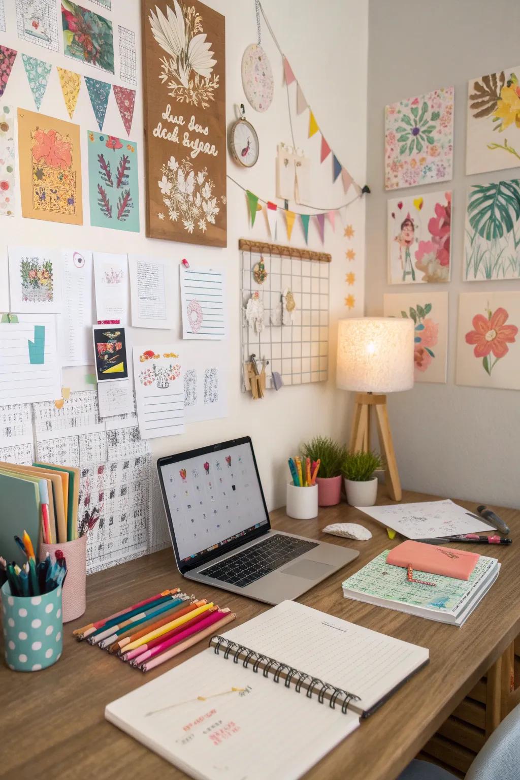 A creative workspace showcasing personalized posters.