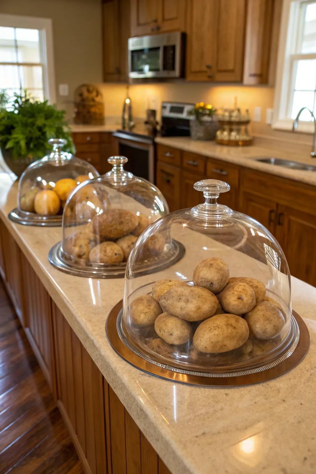 Glass cloches heighten the sophistication of potato storage.