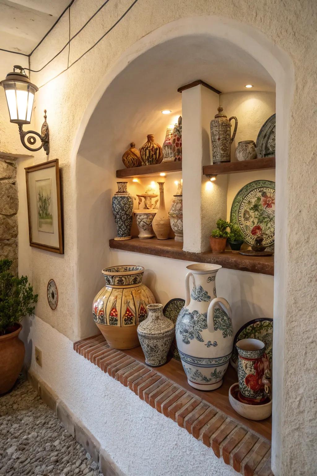 An artful pottery display in a small corner.