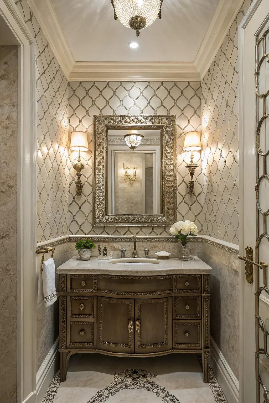 Statement mirrors and lighting enhance the overall design.