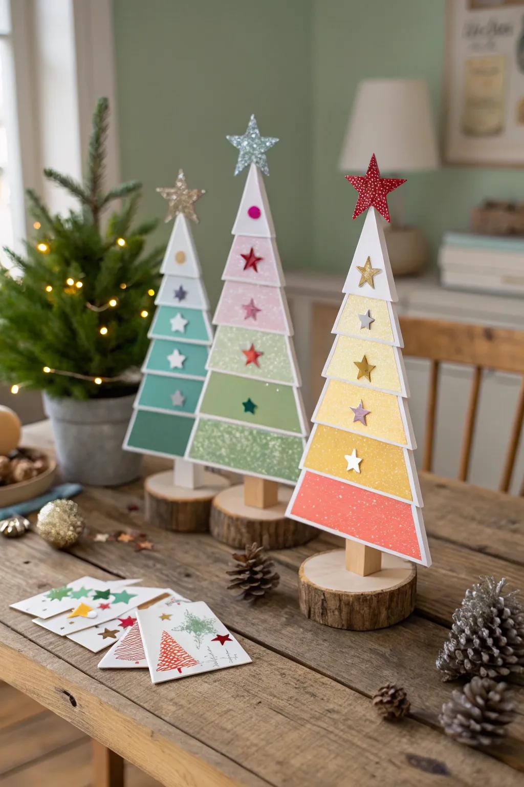 Eco-conscious pigment sample trees, introducing pigment and inventiveness to holiday embellishments.