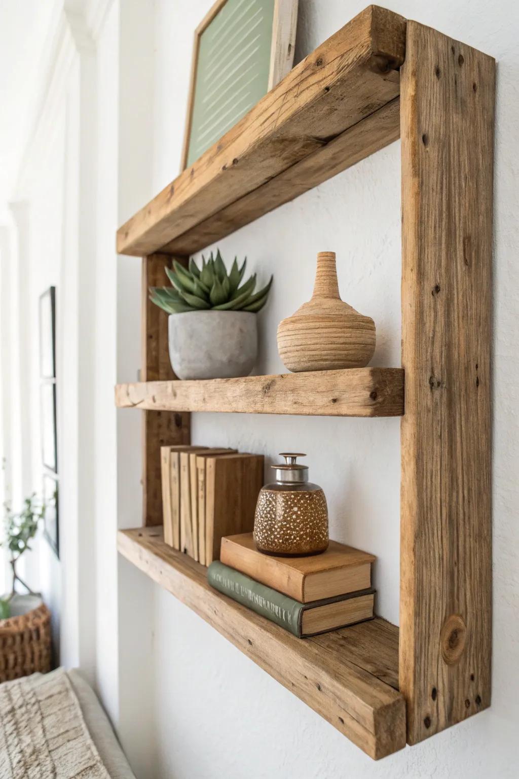 Enhance your space with the natural charm of weathered timber platforms. Perfect for showcasing your favorite treasures. #ScandiBoho #NaturalBeauty