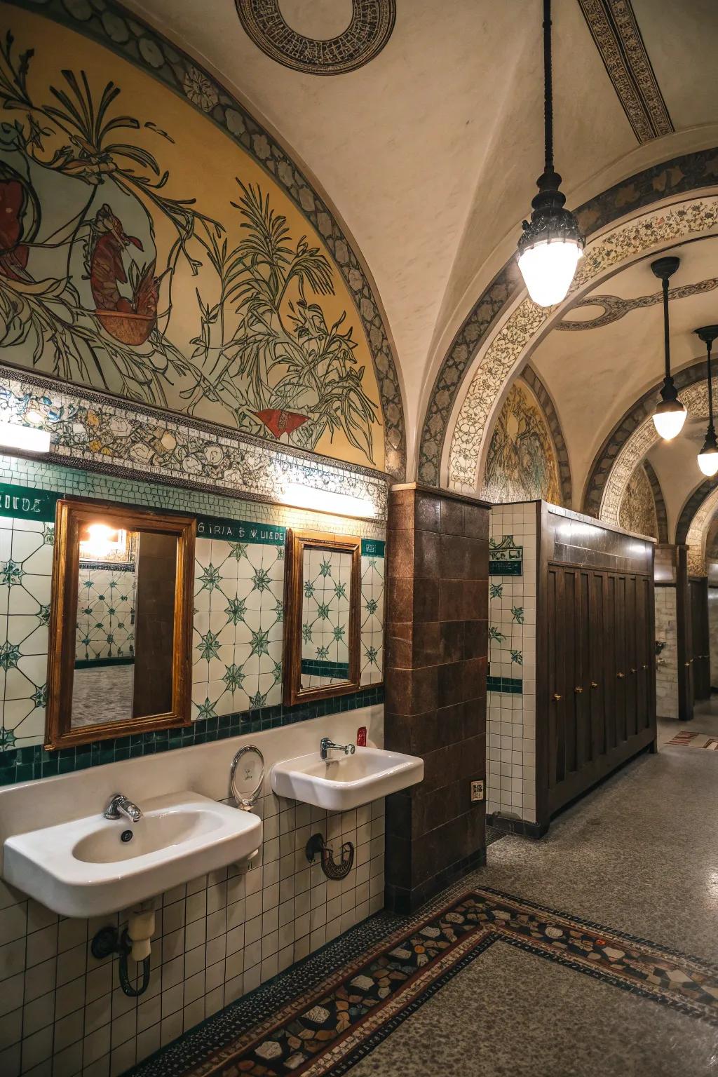 Artistic elements add memorable visual appeal to shared restrooms.