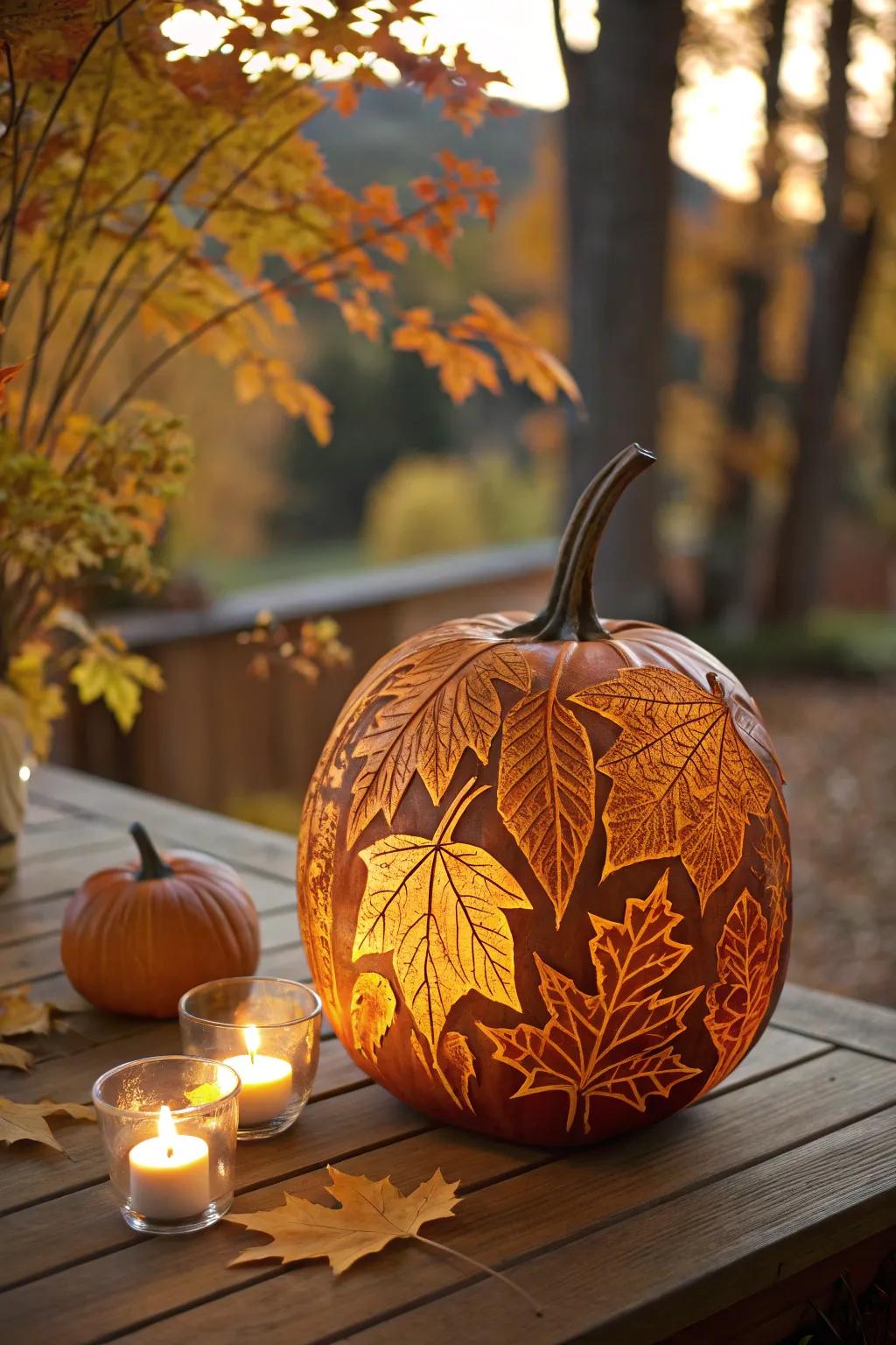 An autumnal foliage engraved pumpkin that evokes seasonal warmth in your decorations.