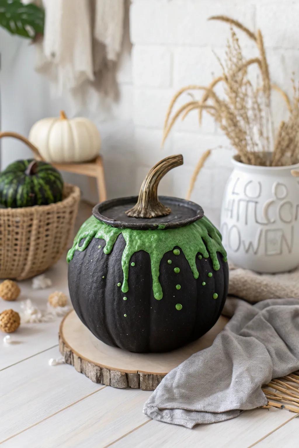 Enchant your Halloween with a dash of magic: a witch's cauldron pumpkin bubbling with charm.