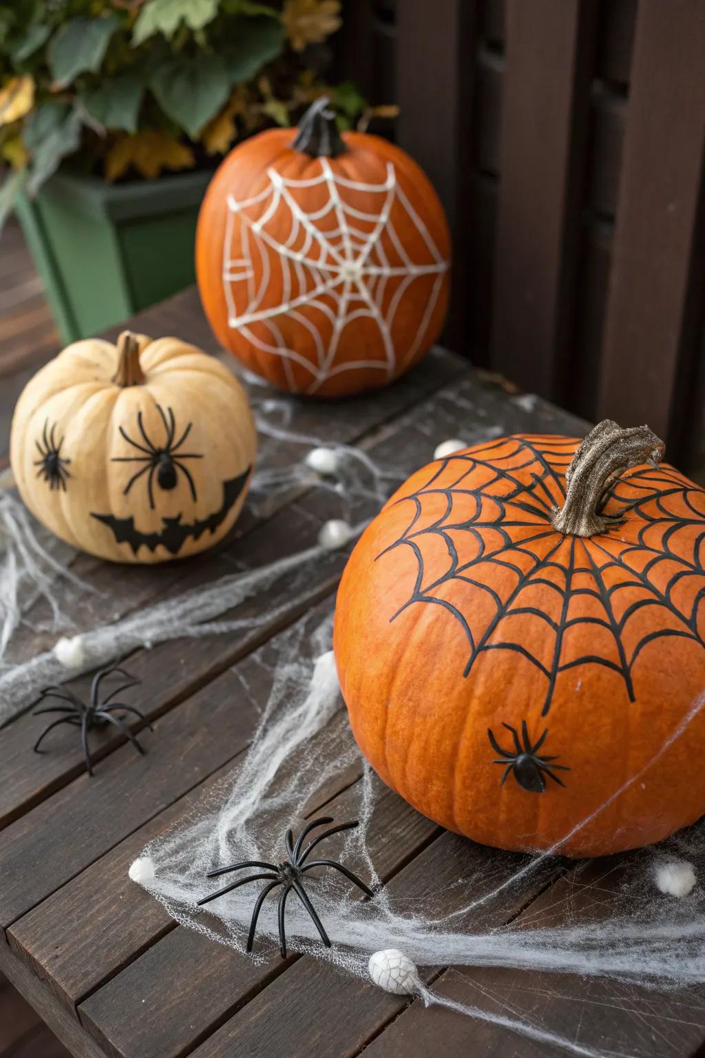 Immerse yourself in the Halloween spirit with eerie spider web pumpkins.